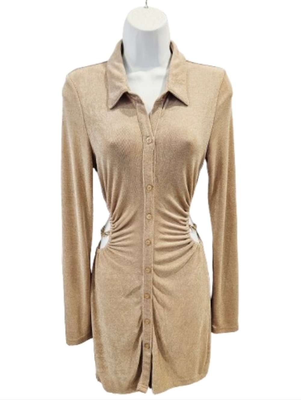 Runaway The Label ALPHA Gold Shimmer Ruched Cutout Chain Mini Shirt Dress